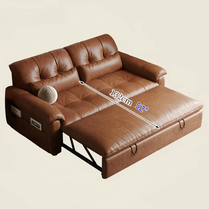 Sofá cama convertible 3 en 1 de cuero encerado al aceite con respaldo ajustable y bolsillo lateral.