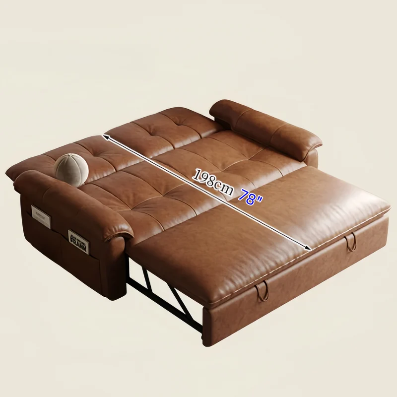 Sofá cama convertible 3 en 1 de cuero encerado al aceite con respaldo ajustable y bolsillo lateral.