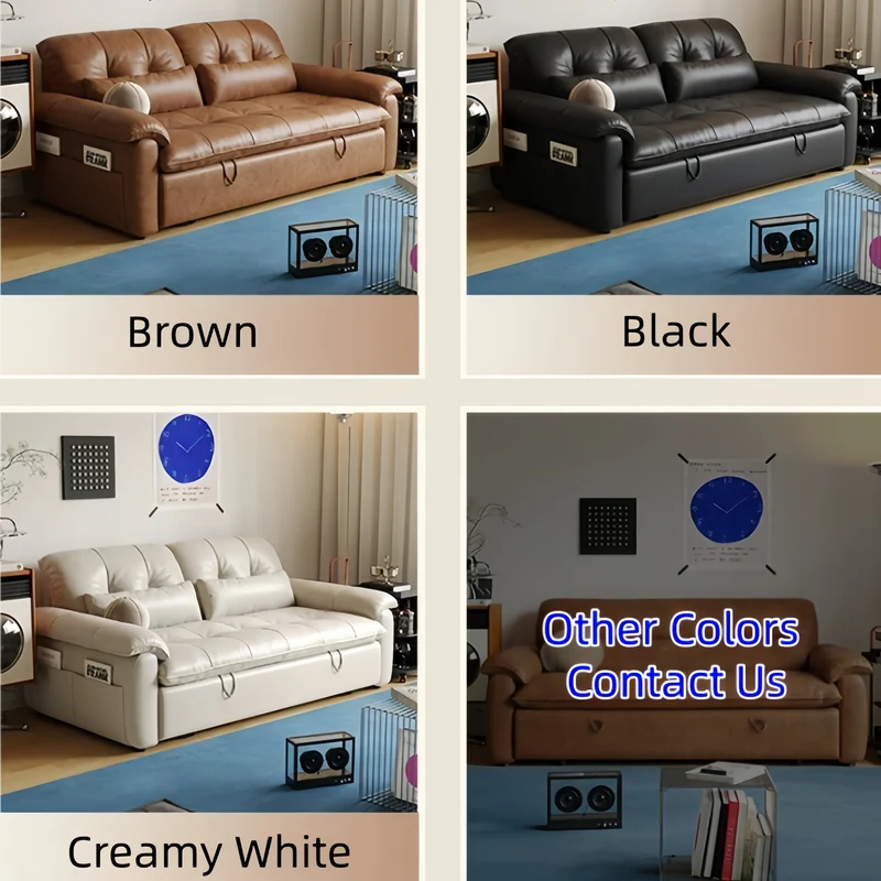 Sofá cama convertible 3 en 1 de cuero encerado al aceite con respaldo ajustable y bolsillo lateral.