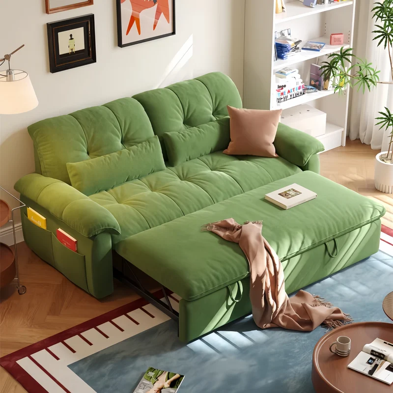 Sofá cama convertible FatCat de microfibra y terciopelo de gamuza con bolsillos laterales.