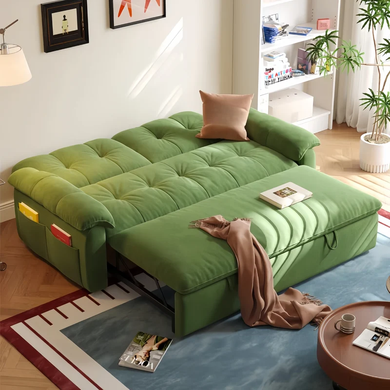 Sofá cama convertible FatCat de microfibra y terciopelo de gamuza con bolsillos laterales.
