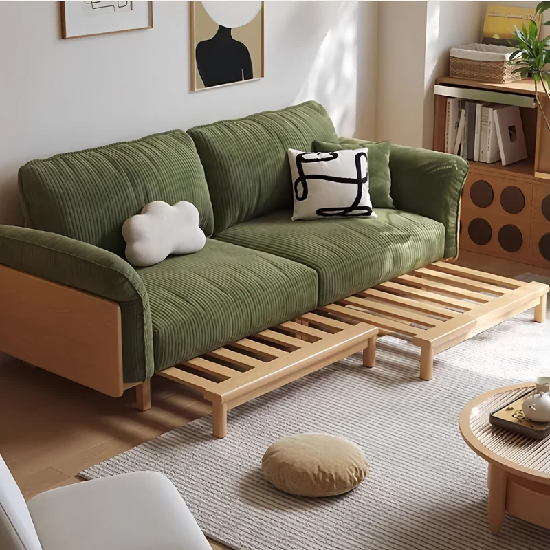 Sofá cama Japandi con estructura de madera maciza y tapizado en tela de pana.