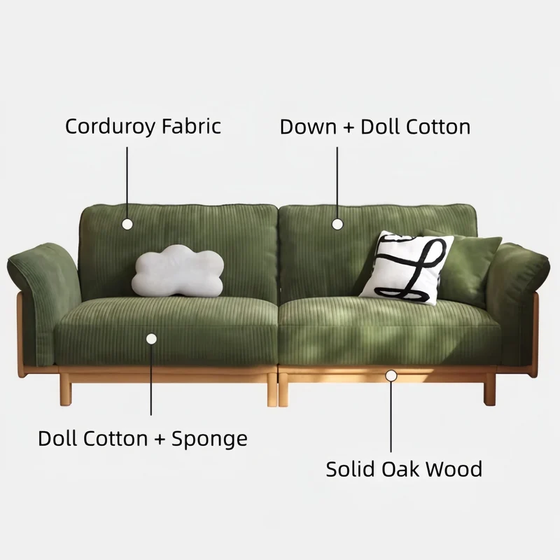 Sofá cama Japandi con estructura de madera maciza y tapizado en tela de pana.