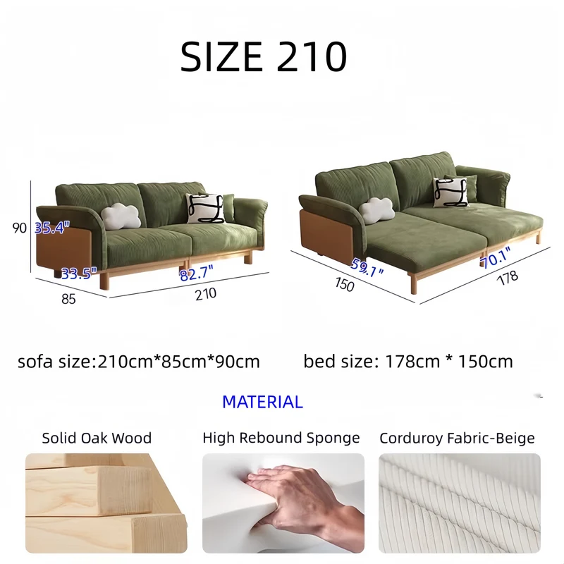 Sofá cama Japandi con estructura de madera maciza y tapizado en tela de pana.
