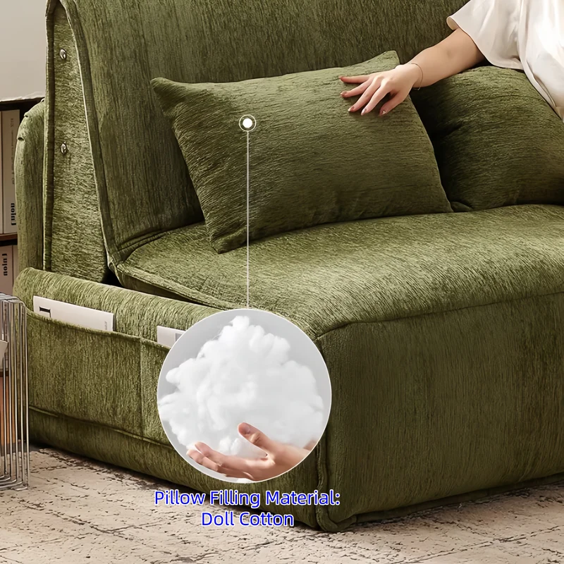 Sofá cama eléctrico con control remoto y tapizado en tela de chenilla.