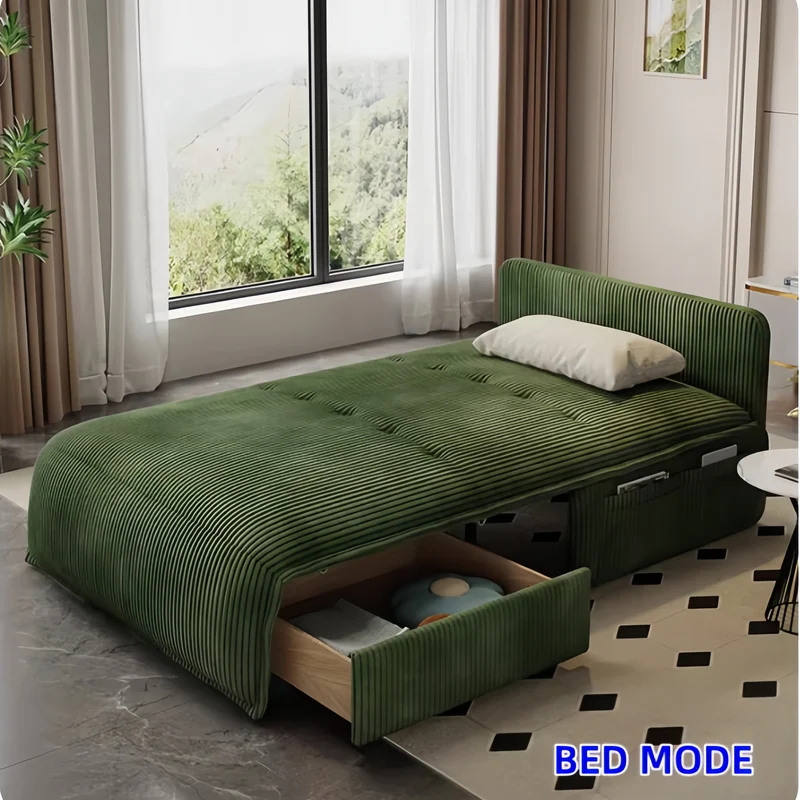 Sofá cama eléctrico de tela de pana con control remoto y cajón de almacenamiento.