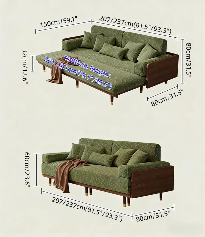 Sofá cama de madera maciza de fresno con tapizado de tela chenilla con estampado de trébol de cuatro hojas.