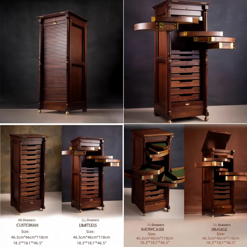 Vitrina vertical para joyas EASTLAKE de madera maciza de nogal con cortina enrollable de madera
