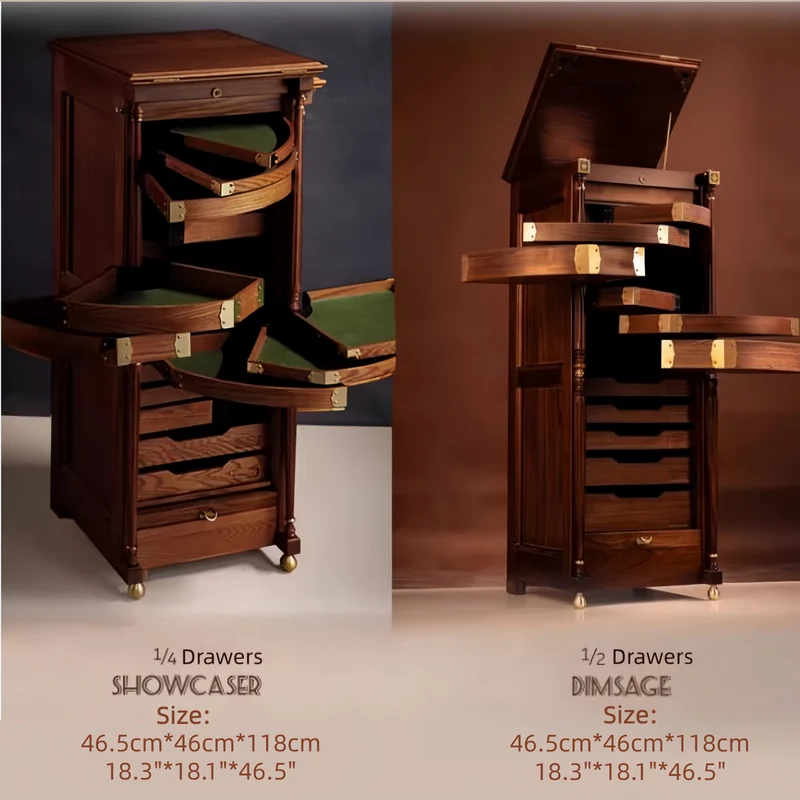Vitrina vertical para joyas EASTLAKE de madera maciza de nogal con cortina enrollable de madera