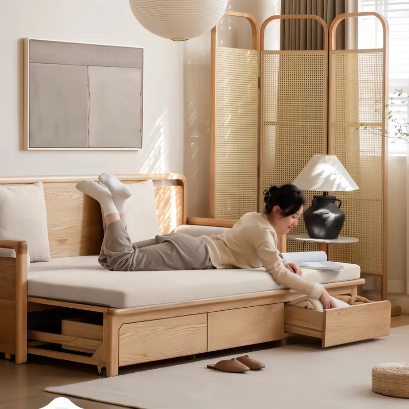 Sofá cama Arhat con estructura de madera maciza y cajones de almacenamiento debajo