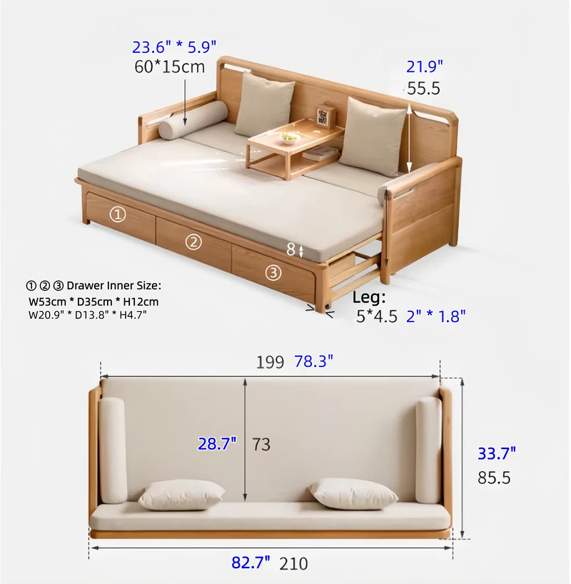 Sofá cama Arhat con estructura de madera maciza y cajones de almacenamiento debajo