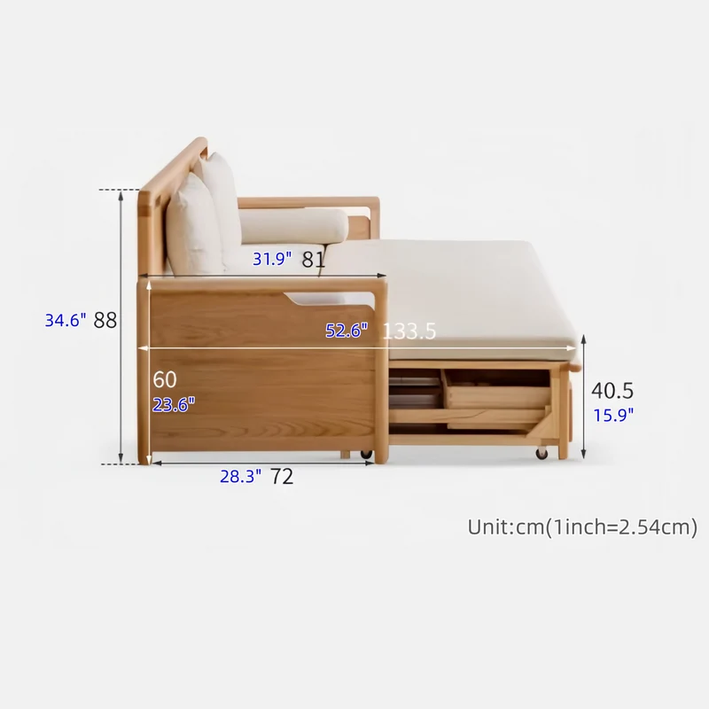 Sofá cama Arhat con estructura de madera maciza y cajones de almacenamiento debajo