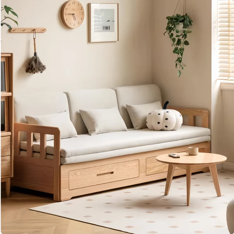 Sofá cama extraíble con estructura de madera maciza Japandi y doble cajón de almacenamiento