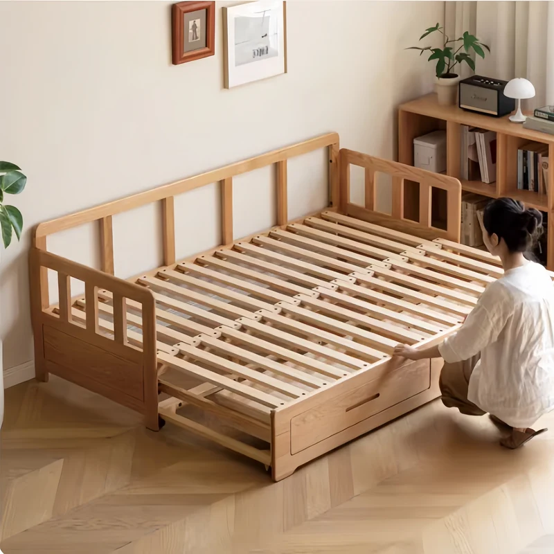Sofá cama extraíble con estructura de madera maciza Japandi y doble cajón de almacenamiento