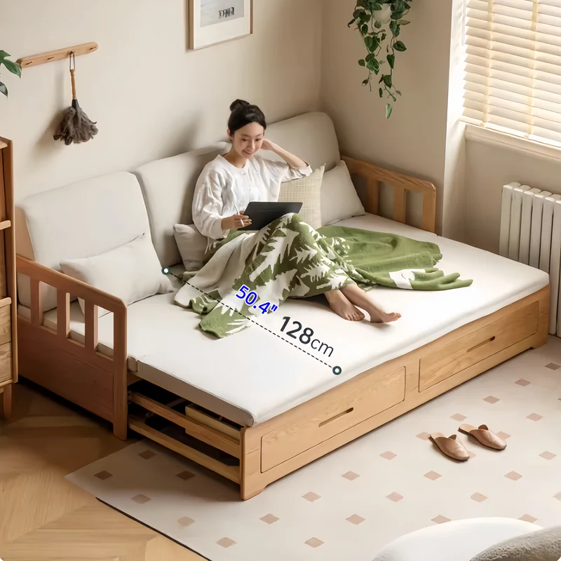 Sofá cama extraíble con estructura de madera maciza Japandi y doble cajón de almacenamiento