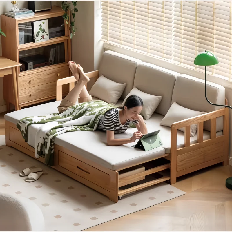 Sofá cama extraíble con estructura de madera maciza Japandi y doble cajón de almacenamiento