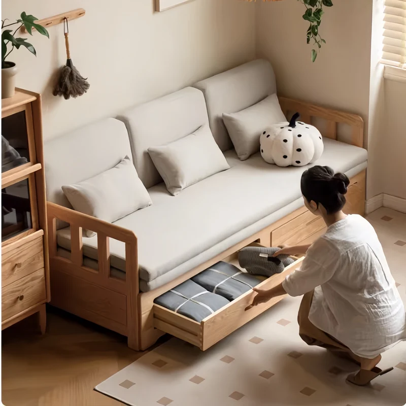 Sofá cama extraíble con estructura de madera maciza Japandi y doble cajón de almacenamiento