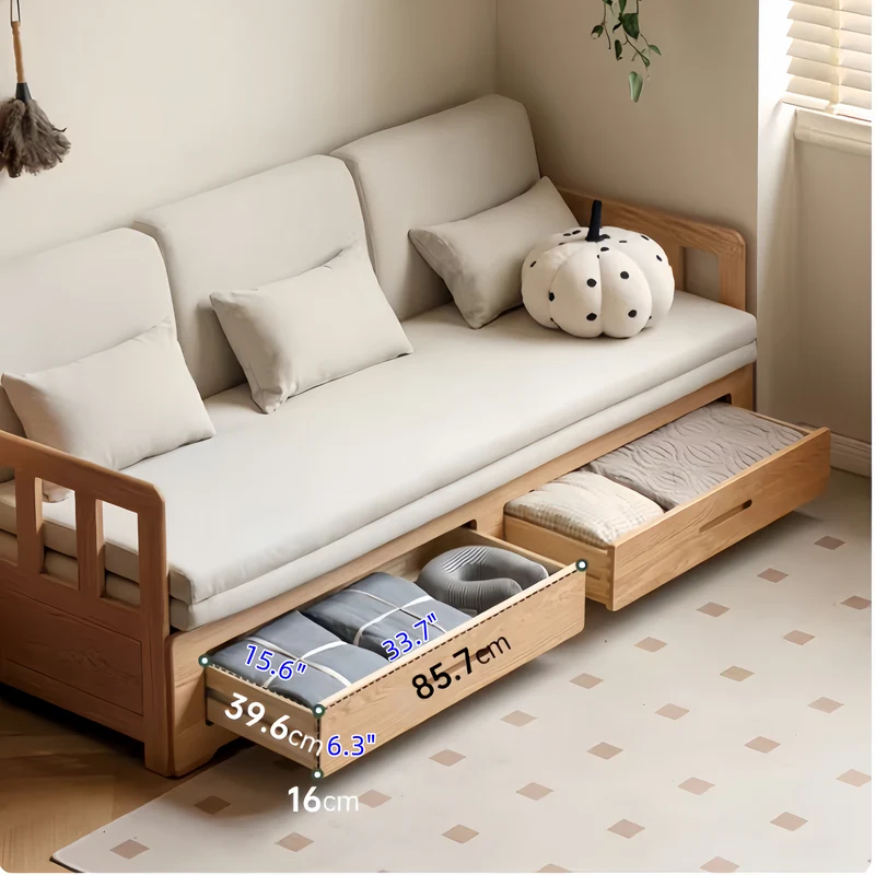 Sofá cama extraíble con estructura de madera maciza Japandi y doble cajón de almacenamiento