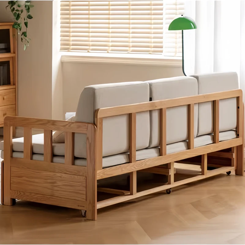 Sofá cama extraíble con estructura de madera maciza Japandi y doble cajón de almacenamiento