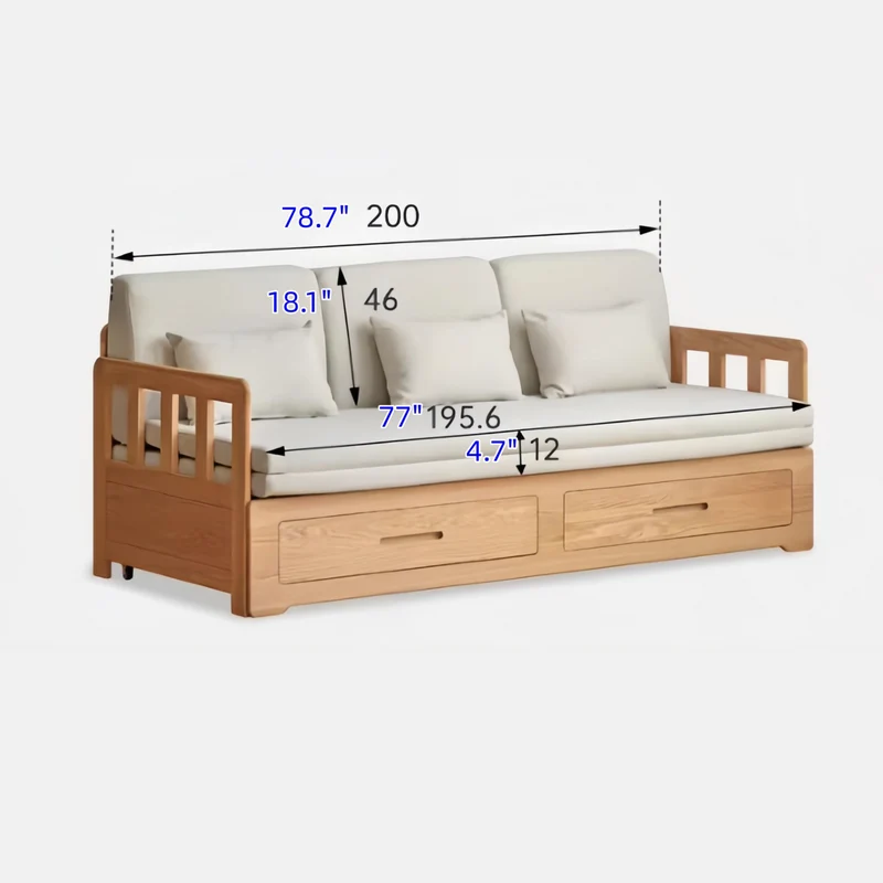 Sofá cama extraíble con estructura de madera maciza Japandi y doble cajón de almacenamiento