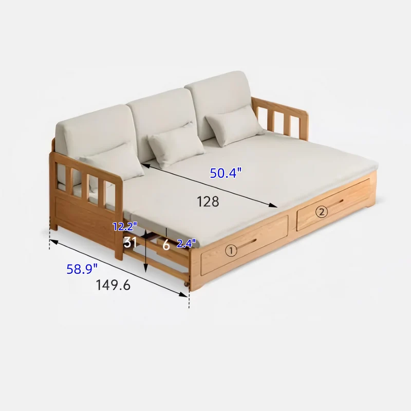 Sofá cama extraíble con estructura de madera maciza Japandi y doble cajón de almacenamiento