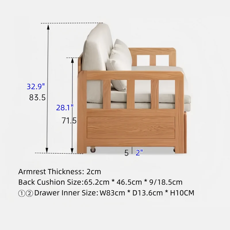 Sofá cama extraíble con estructura de madera maciza Japandi y doble cajón de almacenamiento