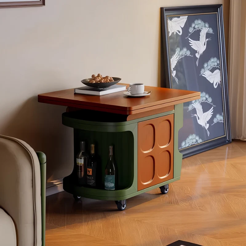 Mesa auxiliar elevable nórdica retro con almacenamiento y ruedas universales