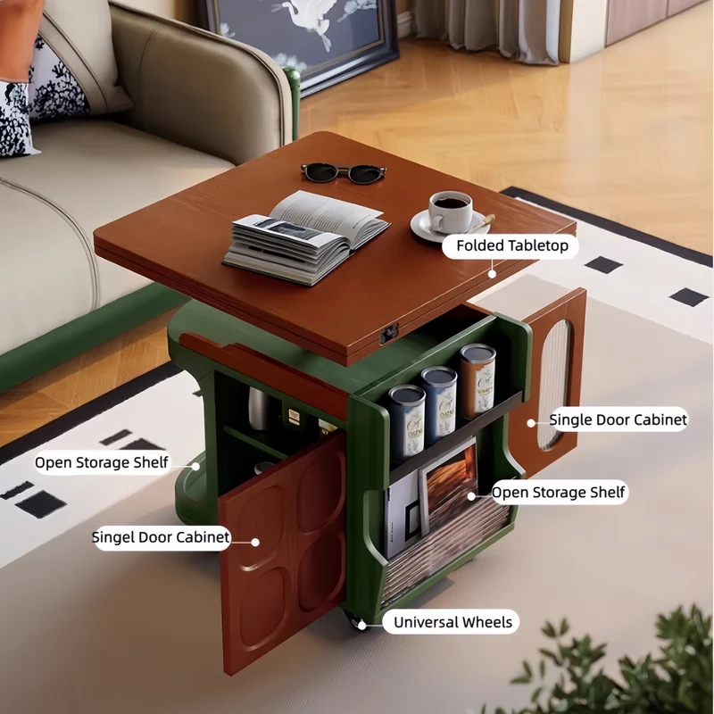 Mesa auxiliar elevable nórdica retro con almacenamiento y ruedas universales