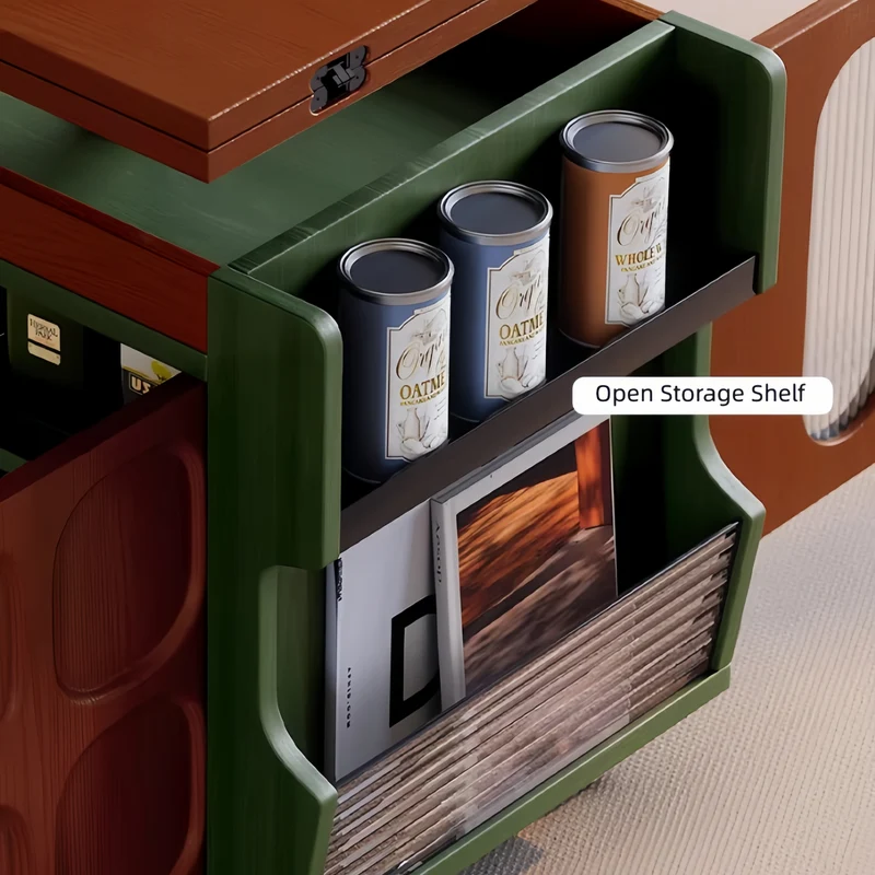 Mesa auxiliar elevable nórdica retro con almacenamiento y ruedas universales