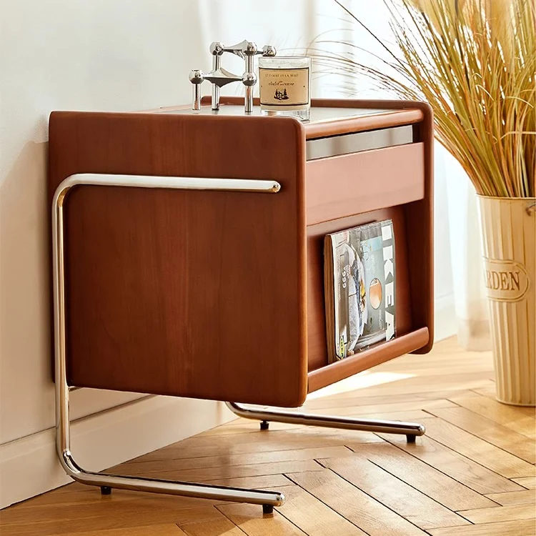 Contemporary Creative Pine Stainless Steel Curved Square Nightstand With 2 Drawers For Bedroom