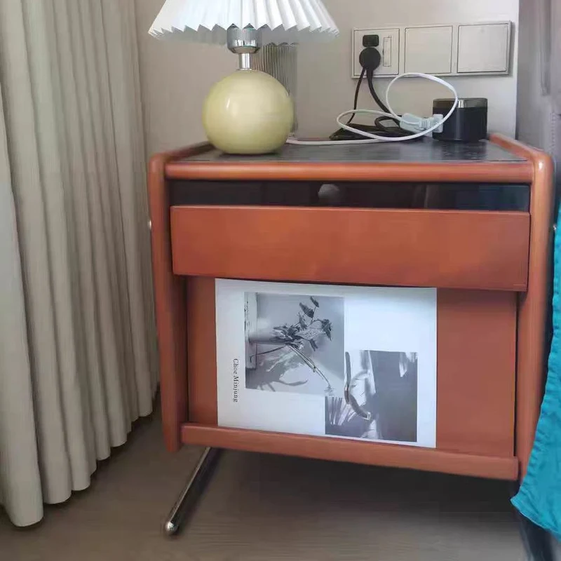 Contemporary Creative Pine Stainless Steel Curved Square Nightstand With 2 Drawers For Bedroom