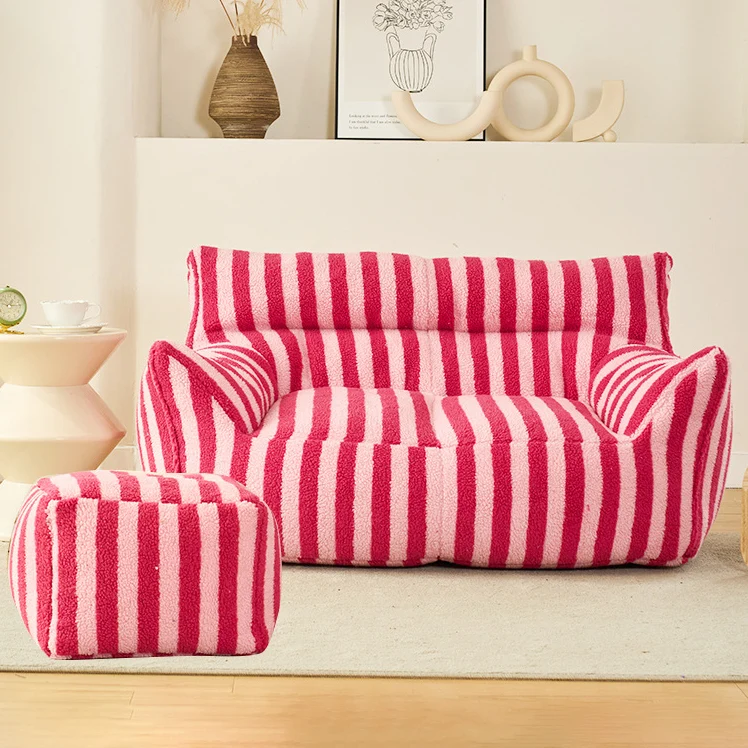 Contemporary Scandinavian Teddy Fleece EPS Striped Square Lazy Sofa Footrest Backrest Armrest For Living Room And Bedroom
