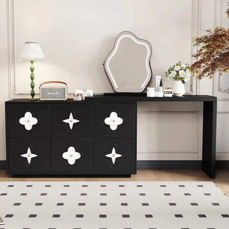 Traditional French Plywood Pine Wood Rectangular Clover Pattern Makeup Vanity & Chair Set With Mirror And 6 Drawers For Bedroom