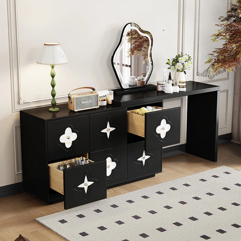 Traditional French Plywood Pine Wood Rectangular Clover Pattern Makeup Vanity & Chair Set With Mirror And 6 Drawers For Bedroom