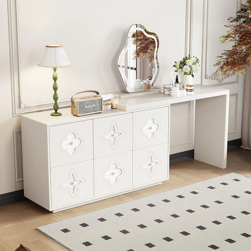Traditional French Plywood Pine Wood Rectangular Clover Pattern Makeup Vanity & Chair Set With Mirror And 6 Drawers For Bedroom