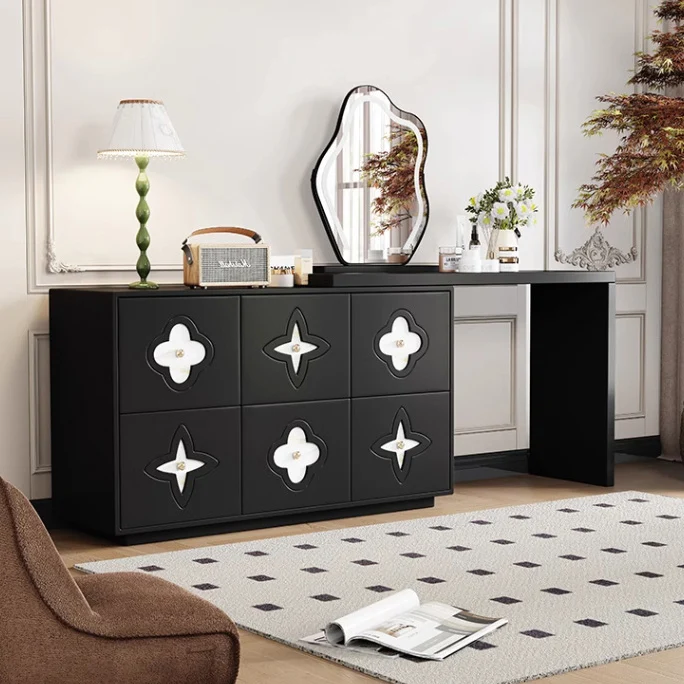 Traditional French Plywood Pine Wood Rectangular Clover Pattern Makeup Vanity & Chair Set With Mirror And 6 Drawers For Bedroom