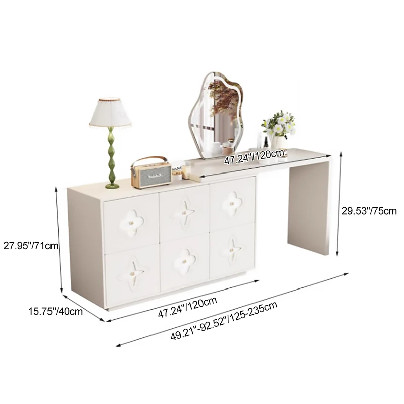 Traditional French Plywood Pine Wood Rectangular Clover Pattern Makeup Vanity & Chair Set With Mirror And 6 Drawers For Bedroom