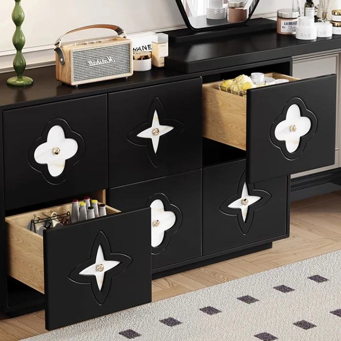 Traditional French Plywood Pine Wood Rectangular Clover Pattern Makeup Vanity & Chair Set With Mirror And 6 Drawers For Bedroom