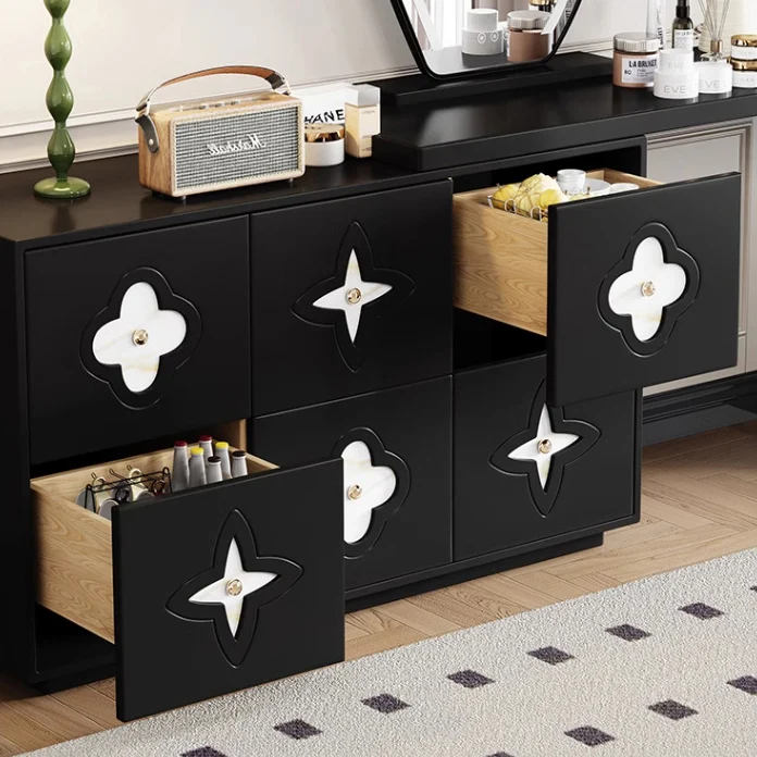 Traditional French Plywood Pine Wood Rectangular Clover Pattern Makeup Vanity & Chair Set With Mirror And 6 Drawers For Bedroom