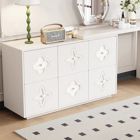Traditional French Plywood Pine Wood Rectangular Clover Pattern Makeup Vanity & Chair Set With Mirror And 6 Drawers For Bedroom