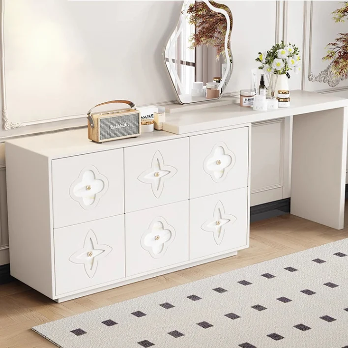 Traditional French Plywood Pine Wood Rectangular Clover Pattern Makeup Vanity & Chair Set With Mirror And 6 Drawers For Bedroom