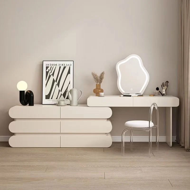 Traditional French Plywood Pine Wood Rectangular Clover Pattern Makeup Vanity & Chair Set With Mirror And 6 Drawers For Bedroom