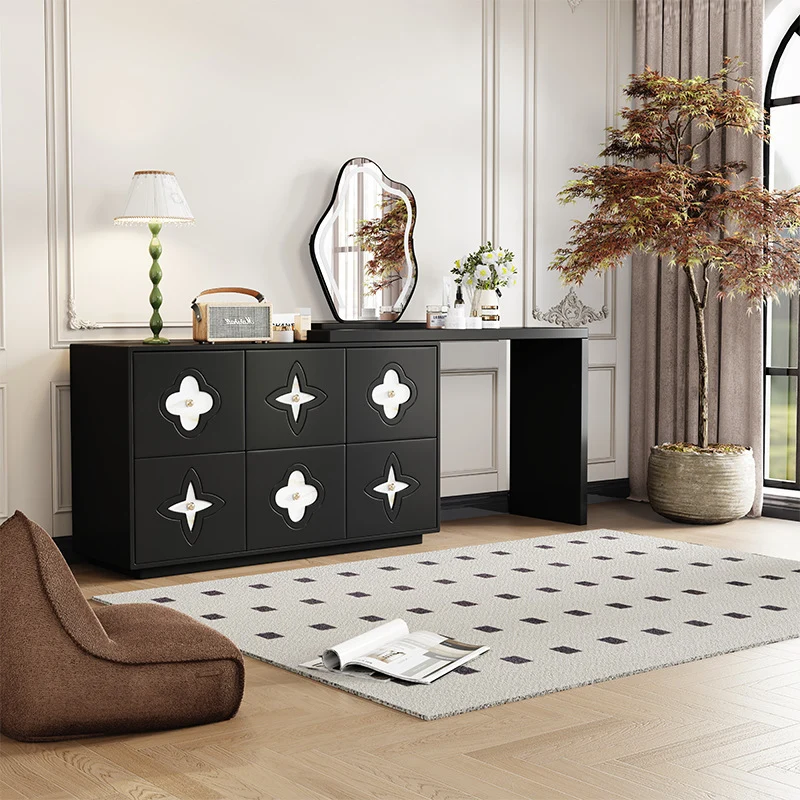 Traditional French Plywood Pine Wood Rectangular Clover Pattern Makeup Vanity & Chair Set With Mirror And 6 Drawers For Bedroom