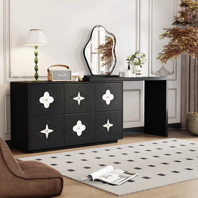 Traditional French Plywood Pine Wood Rectangular Clover Pattern Makeup Vanity & Chair Set With Mirror And 6 Drawers For Bedroom