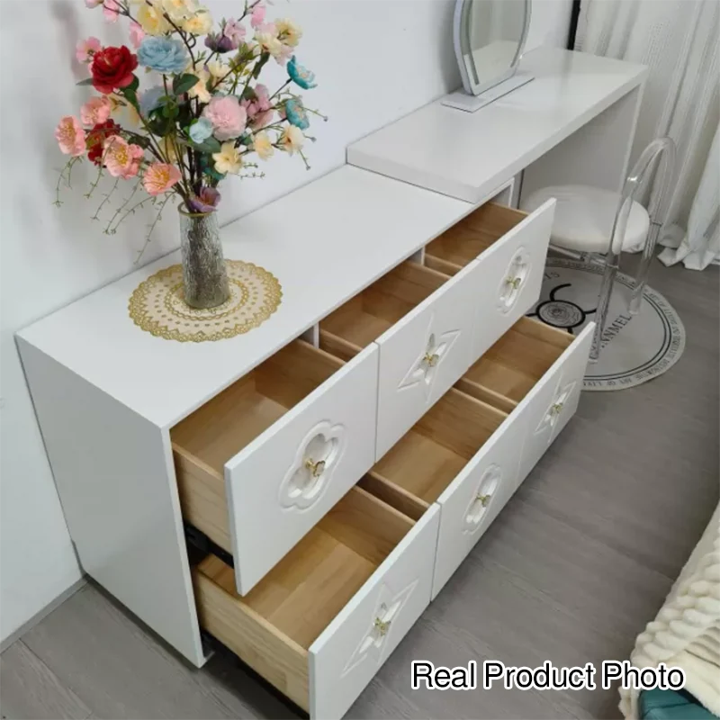 Traditional French Plywood Pine Wood Rectangular Clover Pattern Makeup Vanity & Chair Set With Mirror And 6 Drawers For Bedroom