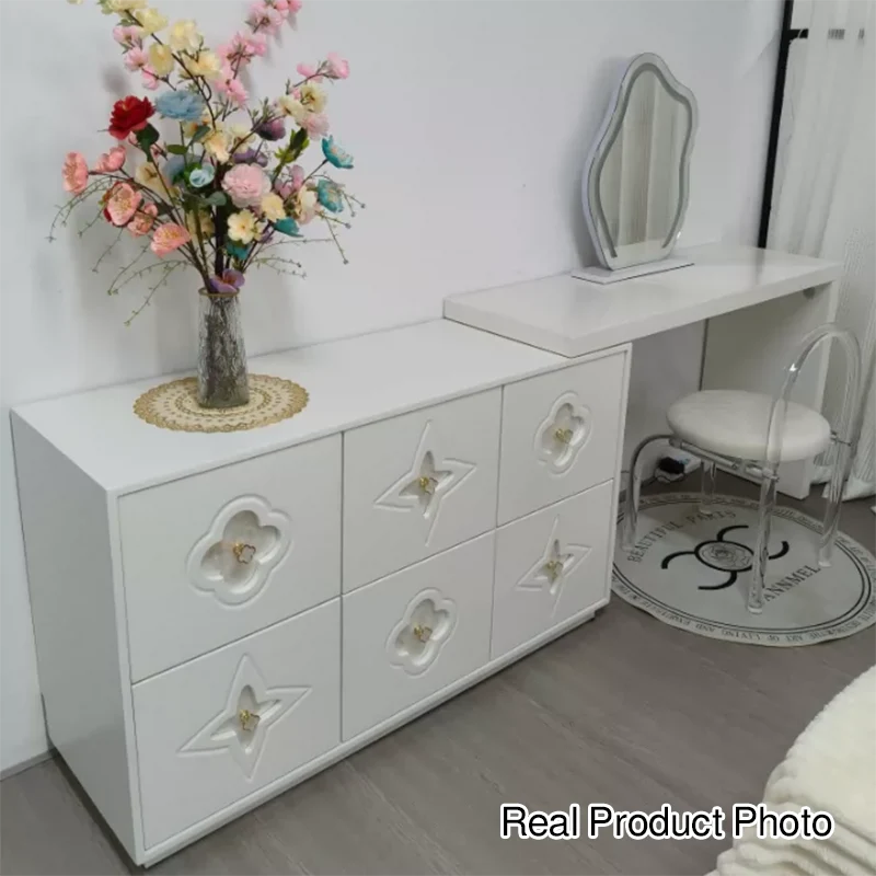 Traditional French Plywood Pine Wood Rectangular Clover Pattern Makeup Vanity & Chair Set With Mirror And 6 Drawers For Bedroom