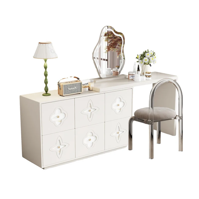 Traditional French Plywood Pine Wood Rectangular Clover Pattern Makeup Vanity & Chair Set With Mirror And 6 Drawers For Bedroom
