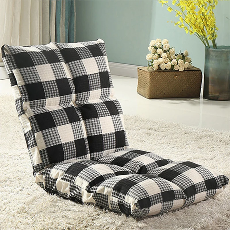 Modern Simplicity Cotton-linen Iron Rectangular Checkered Adjustable Backrest Lazy Chair Tatami For Living Room, Bedroom & Bay Window