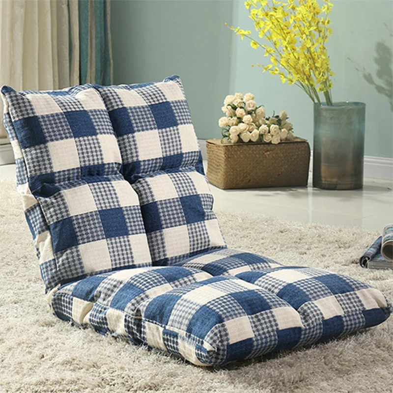 Modern Simplicity Cotton-linen Iron Rectangular Checkered Adjustable Backrest Lazy Chair Tatami For Living Room, Bedroom & Bay Window