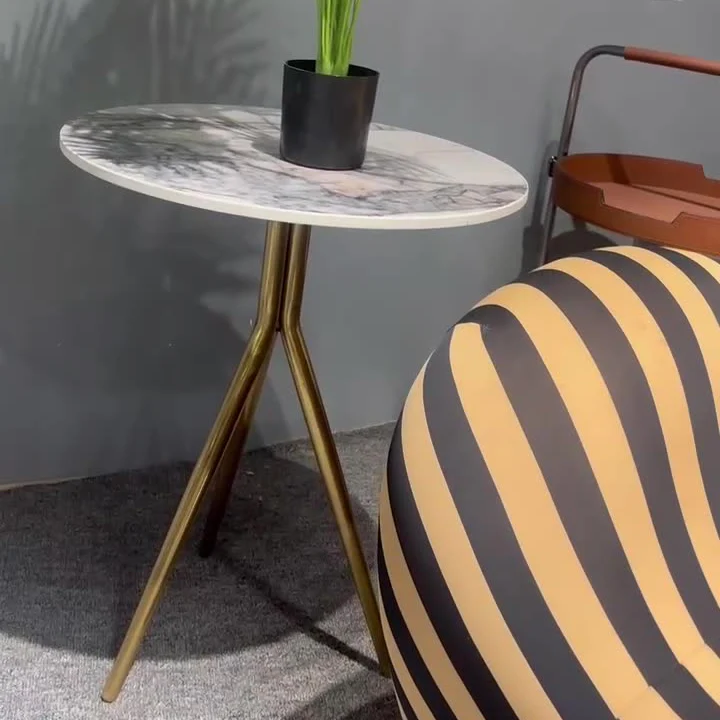 Contemporary Luxury Marble Round Top Stainless Steel Base End Table For Living Room